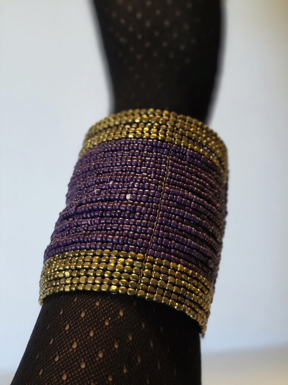 Gold and Purple Beaded Adjustable Cuff Bracelet
